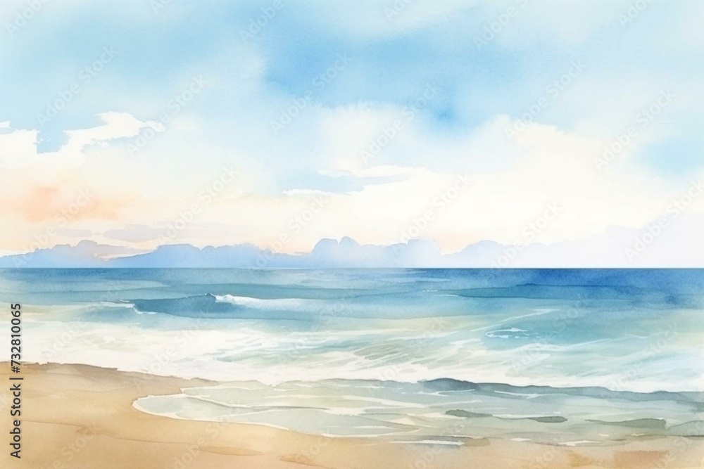 Watercolor illustration of beach and horizon line. Generative AI