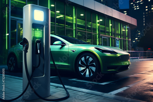 Green concept sustainable energy electric car charging station, ai generated