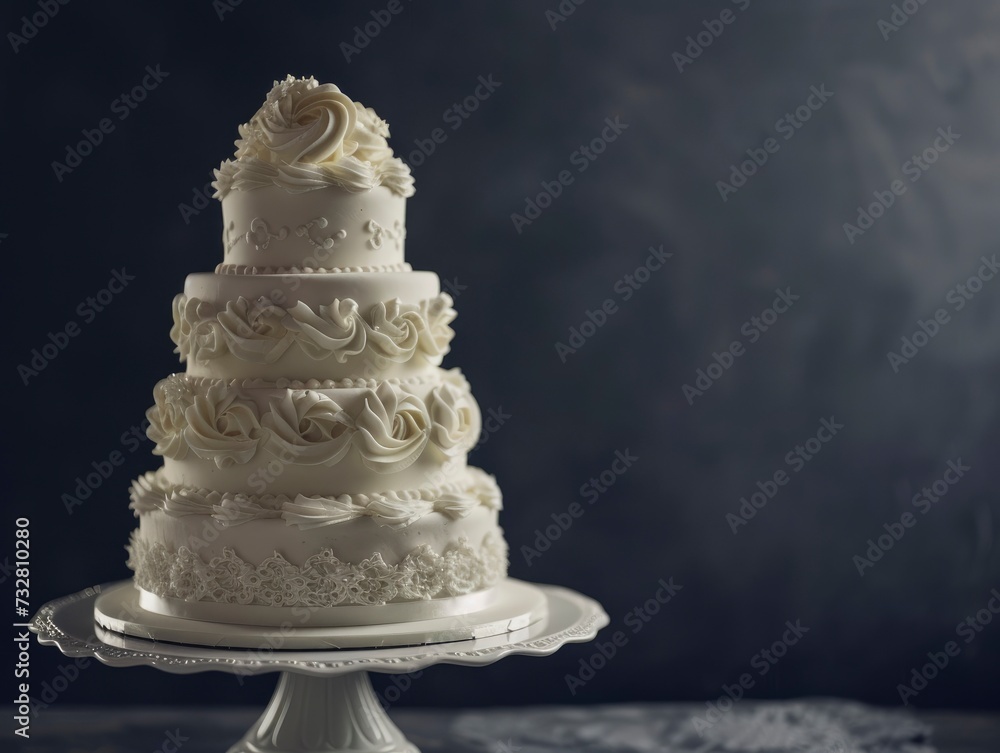Fototapeta premium Two-tiered gorgeous and stylish white wedding cake, beautifully decorated in the corner of the image on dark background behind
