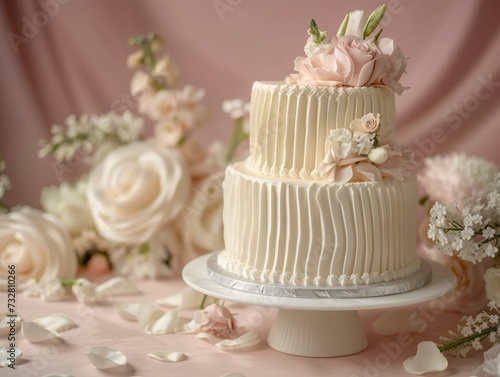 Two-tiered gorgeous and stylish white wedding cake  beautifully decorated in the corner of the image on wedding background behind
