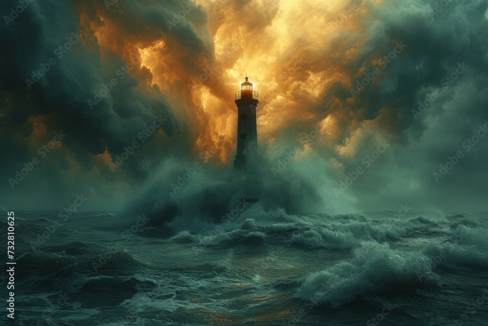 A solitary lighthouse stands tall amidst the tumultuous ocean, its beacon piercing through the stormy clouds in the sky - obrazy, fototapety, plakaty 