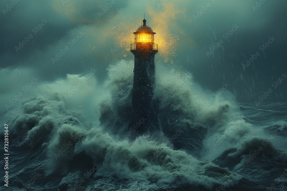 Amidst the dense fog and crashing waves, a solitary lighthouse stands tall, its light piercing through the clouds and guiding lost souls to safety in the vast ocean