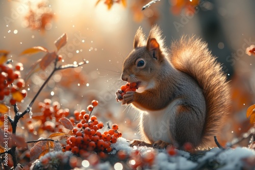 A furry mammal braves the cold winter snow to feast on ripe berries, perched atop a tree with its bushy tail keeping it warm, embodying the resilience of outdoor wildlife photo