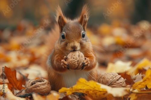 A lively grey squirrel basks in the autumn sun  proudly displaying its prized nut amidst a backdrop of colorful leaves and an abundance of fallen nuts  showcasing the resilience and resourcefulness o