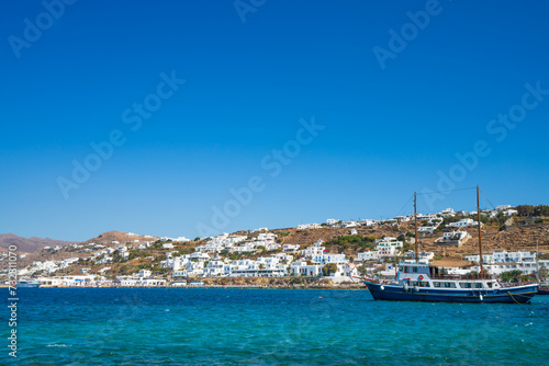 Mykonos beach on the sunny day. Cyclades. Sea