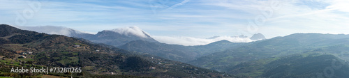 Panoramic view from road to Antequerra National Park, limestone rock formations and known for unusual karst landforms in Andalusia, Malaga, Spain.