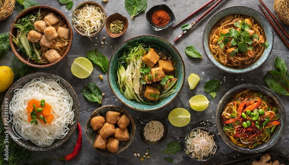 Composition of various Asian dishes in bowl top view Composition of various Asian dishes in bowl top view
