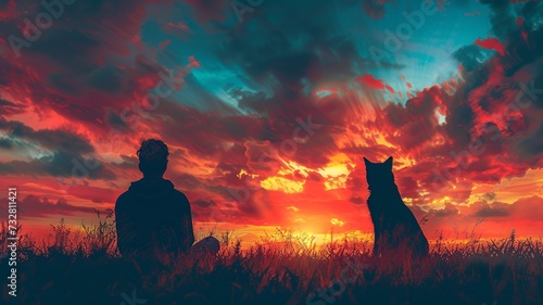Peaceful Sunset Companionship: Pet and Owner