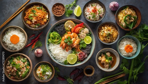 Composition of various Asian dishes in bowl top view
