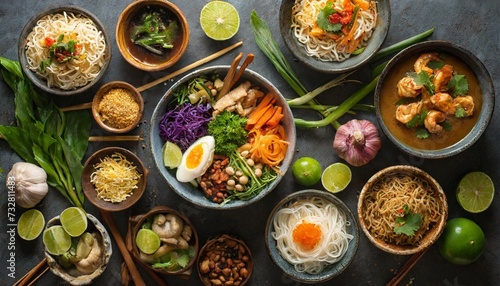 Composition of various Asian dishes in bowl top view