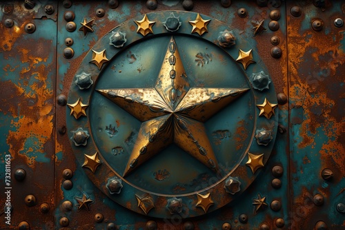 A rusty metal plate with a bronze star, an ode to the passage of time and the beauty found in decay