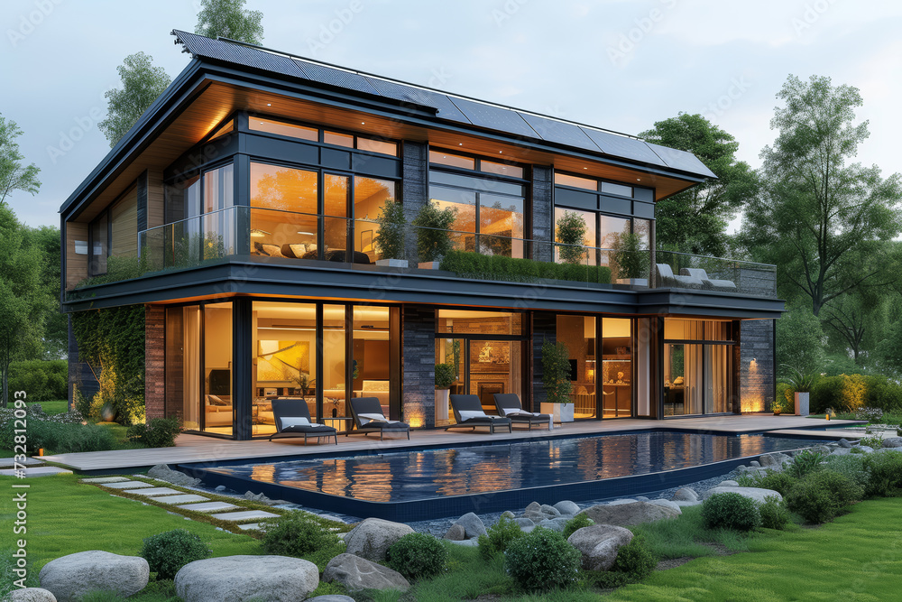 A picture of a modern home with energy-efficient appliances and sustainable design elements. Concept of green living and eco-friendly housing. Generative Ai.
