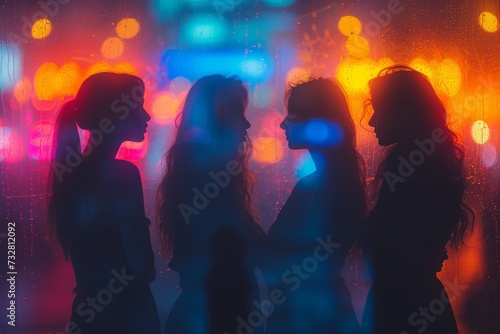 A group of women embrace the beauty of the night as they stand in front of a window adorned with colorful lights, illuminating their figures and filling the room with a sense of warmth and camaraderi
