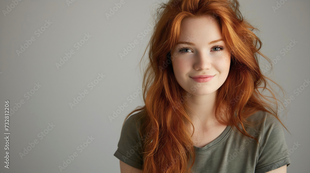 Fototapeta premium Closeup studio photography of a beautiful young woman with red hair wearing an olive green t shirt, looking at the camera, and smiling. Gray wall background, pretty girl model indoors