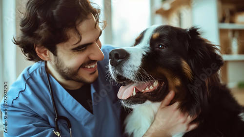 Handsome young man or guy in his 20s, smiling male veterinarian petting the happy Moscow Watchdog after the professional treatment in animal health clinic. Young specialist in blue uniform