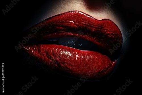 Large plump female lips painted with dark red lipstick with glitter and a dark outline, close-up on a black background
