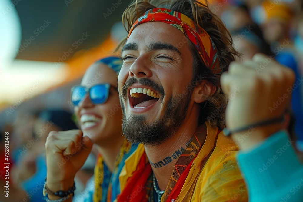 A bearded man's infectious smile illuminates the festival as he stands proudly in his outdoor clothing, his mouth agape in awe of the lively human faces surrounding him - obrazy, fototapety, plakaty 