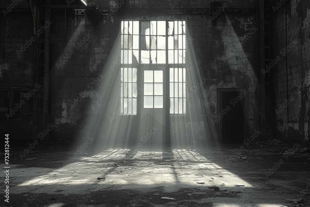A black-and-white photograph capturing the stark contrast between light and shadow in an abandoned industrial warehouse. Concept of urban decay. Generative Ai. A black-and-white photograph capturing the stark contrast between light and shadow in an abandoned industrial warehouse. Concept of urban decay. Generative Ai.