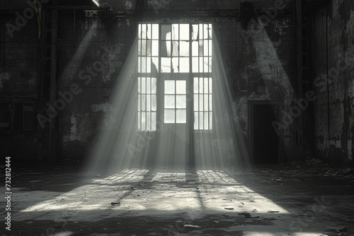A black-and-white photograph capturing the stark contrast between light and shadow in an abandoned industrial warehouse. Concept of urban decay. Generative Ai.