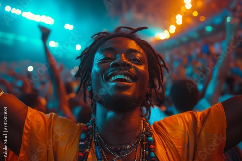 A joyful music enthusiast with a unique sense of style, sporting dreadlocks and festival attire, beams at the camera with excitement and anticipation for the concert