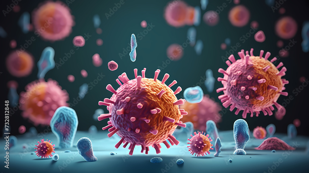 Fototapeta premium Various shapes of bacteria, probiotics under microscope, science, medicine concept background