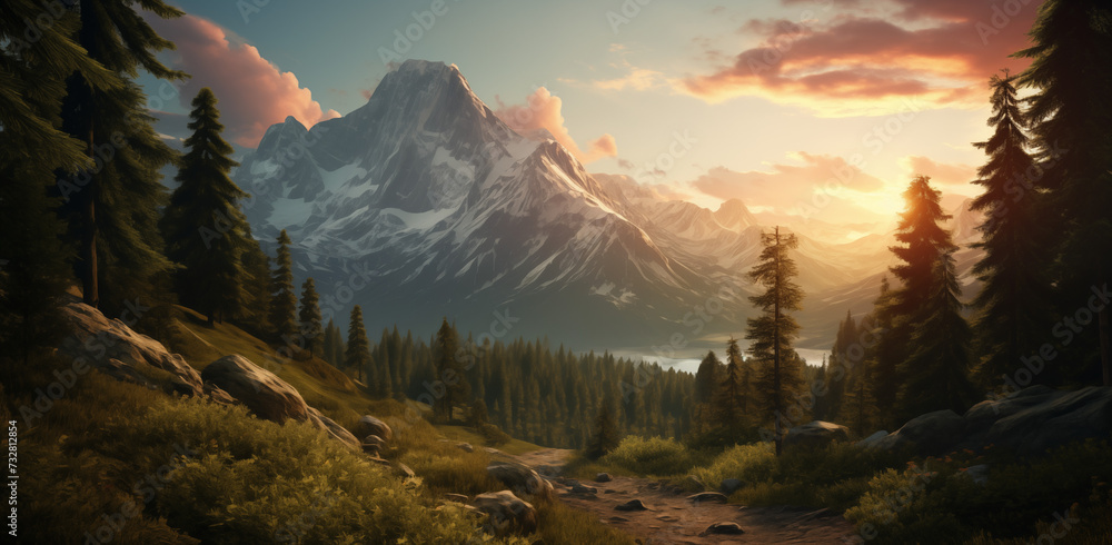 Sunset Over Mountainous Landscape with Forest