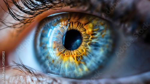 Detailed macro photography of a woman's eye pupil and iris, blue color eyeball and eyelashes. Human vision or sight closeup, female person retina lens cornea, healthy eye ophthalmology science