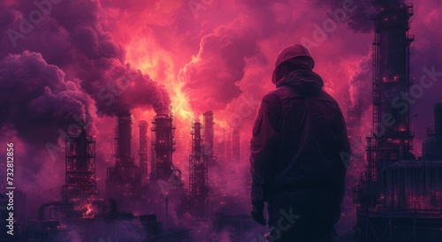 A solitary figure stares in dismay at the towering smokestacks billowing pollution and fire, a somber reminder of the destructive forces of industry photo