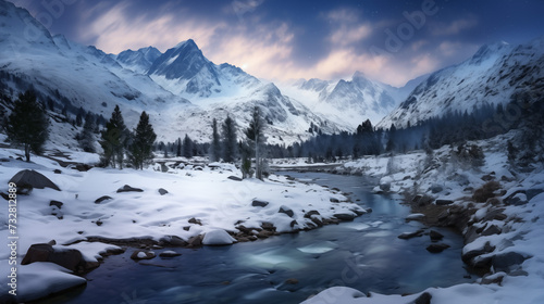 Winter Night in a Snowy Mountain Valley