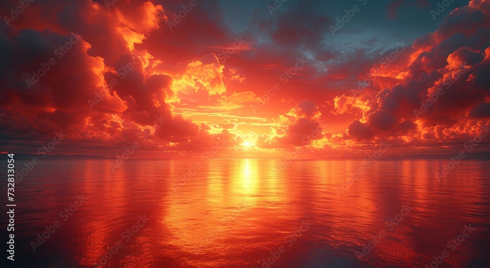 The fiery afterglow of the sun sets over a serene lake, its reflection in the calm waters creating a stunning landscape as the day gives way to a peaceful evening