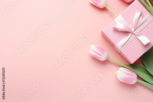 Top view gift box with ribbon bow and tulips on isolated pastel pink background with copy space. Valentine's day, Mother's day, Women's Day , Wedding and love concept