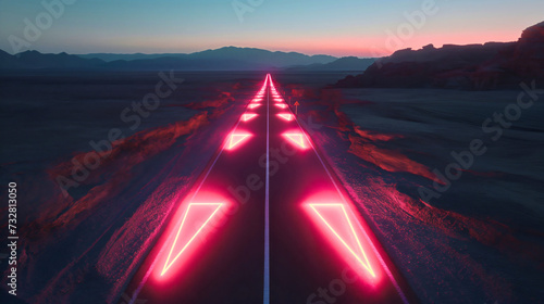 Red neon glowing arrows on the asphalt road passing through the desert with mountains. Straight ahead way concept, path to success direction, business career future guidance,journey to the destination photo