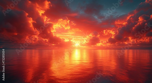 The fiery afterglow of the sun sets over a serene lake  its reflection in the calm waters creating a stunning landscape as the day gives way to a peaceful evening