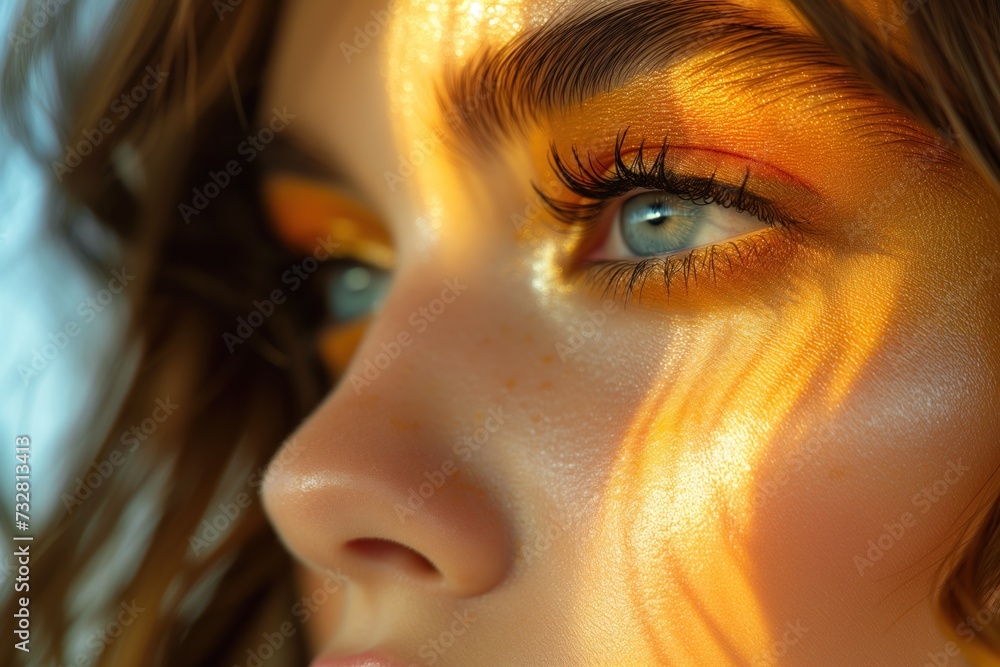 Light golden makeup on the eye highlighted by warm light reflection Light golden makeup on the eye highlighted by warm light reflection