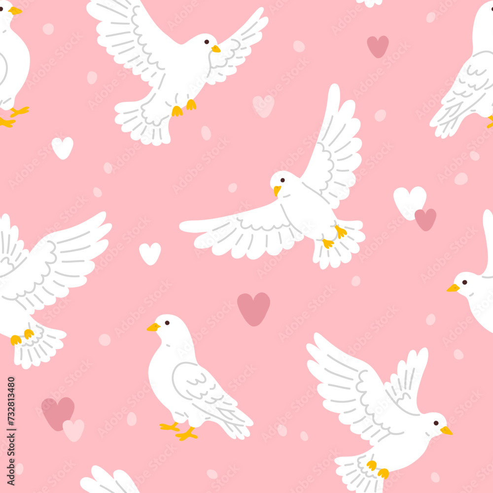 Naklejka premium Vector seamless background pattern with white doves and hearts for surface pattern design 