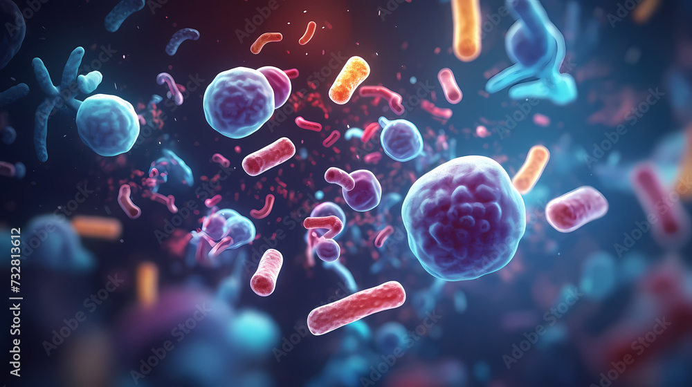 Various shapes of bacteria, probiotics under microscope, science, medicine concept background Various shapes of bacteria, probiotics under microscope, science, medicine concept background