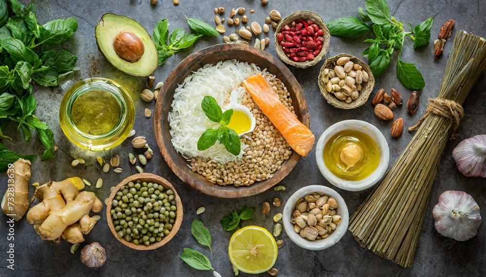 Top view of healthy omega-3 rich food ingredients Top view of healthy omega-3 rich food ingredients