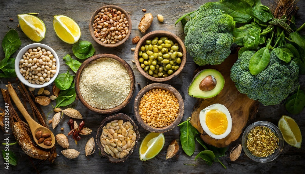 Top view of healthy omega-3 rich food ingredients