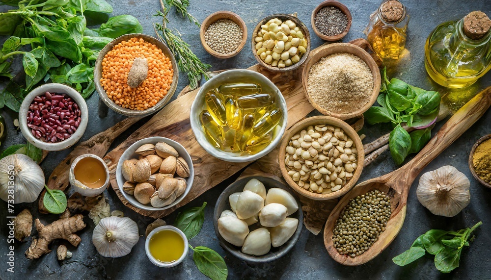 Top view of healthy omega-3 rich food ingredients Top view of healthy omega-3 rich food ingredients