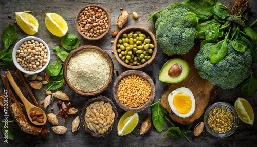 Top view of healthy omega-3 rich food ingredients