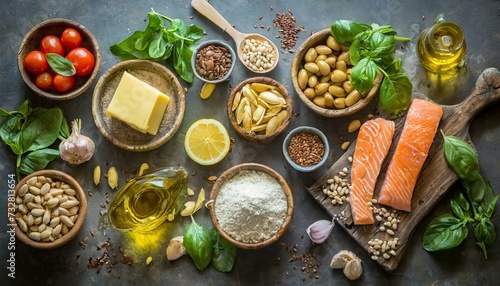 Top view of healthy omega-3 rich food ingredients