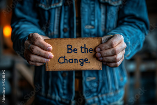 A person in casual attire displaying a card saying "Be the Change." Concept of making a positive impact on the world. Generative Ai.