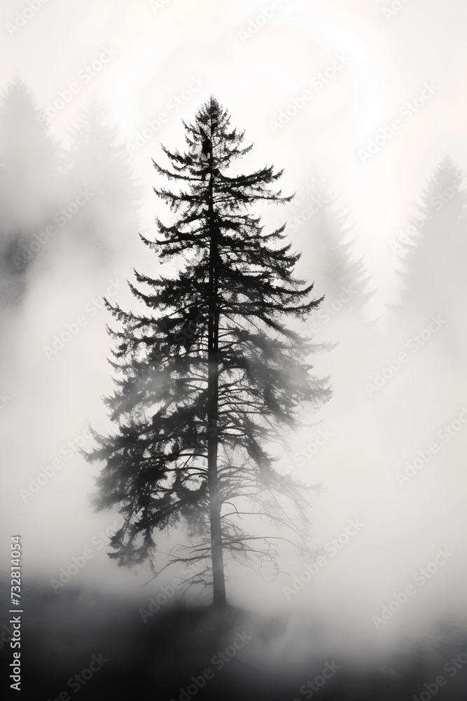 Black and white landscape of misty mountains with a stand of trees - Generative AI Black and white landscape of misty mountains with a stand of trees - Generative AI