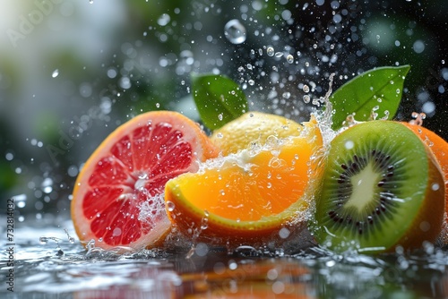 Fresh and juicy fruits  orange  grapefruit and kiwi in dynamic splashes on a blurred background