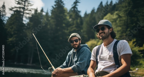 guys, male friends or brothers fishing at lake. Catching fish hobby. Traveling with friend. Bromance. Active lifestyle outdoors.