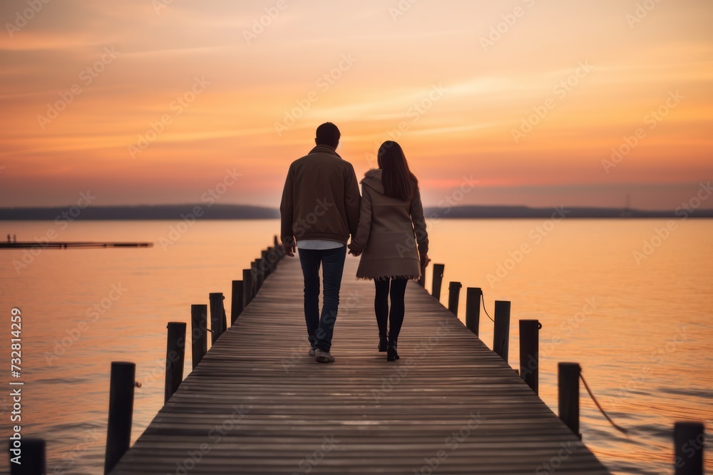 couple walking away on a wooden pier at sunset. Romantic getaway vacation for Valentines day or honeymoon. couple walking away on a wooden pier at sunset. Romantic getaway vacation for Valentines day or honeymoon.