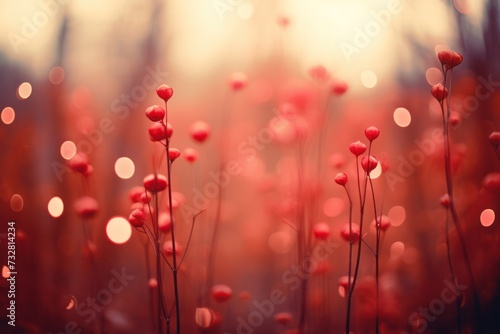 plant with red berries in the rain with bokeh autumn background. 