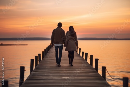 couple walking away on a wooden pier at sunset. Romantic getaway vacation for Valentines day or honeymoon.