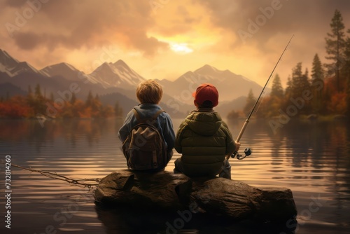 brothers on fishing trip with fish-rod at sunset at mountain lake