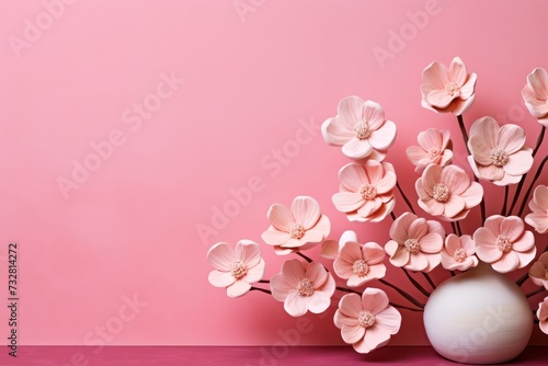 ceramic handmade flowers bouquet on pink background. minimal Valentines day horizontal card copy space left.